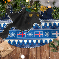 Blue Christmas tree skirt with yule cat and Nordic flag snowflake border