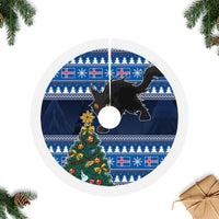 Blue circular Christmas tree skirt with yule cat, Xmas tree, and center hanging hole