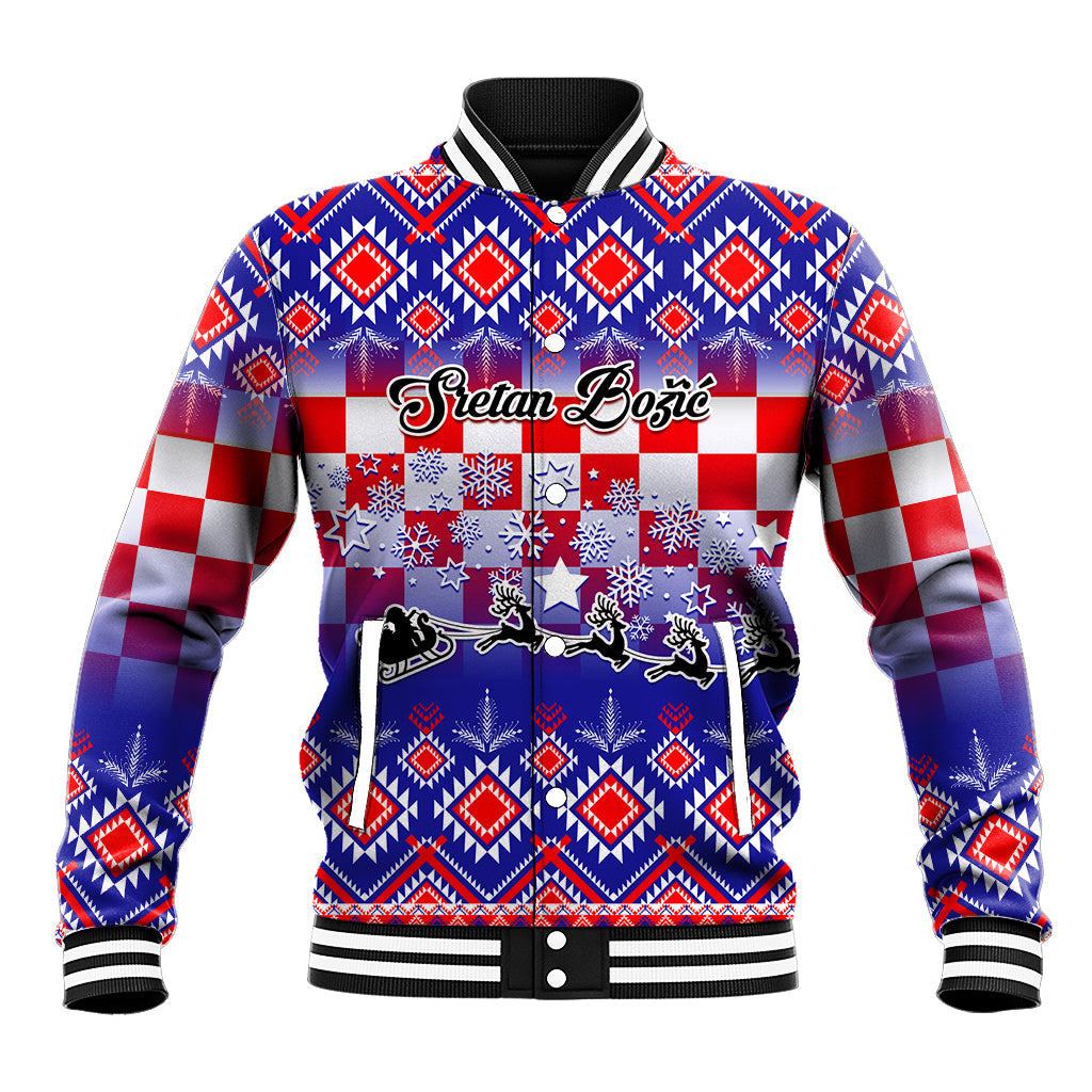 Custom Croatia Christmas Baseball Jacket Sretan Bozic Croatian Embroidery Patterns - Wonder Print Shop