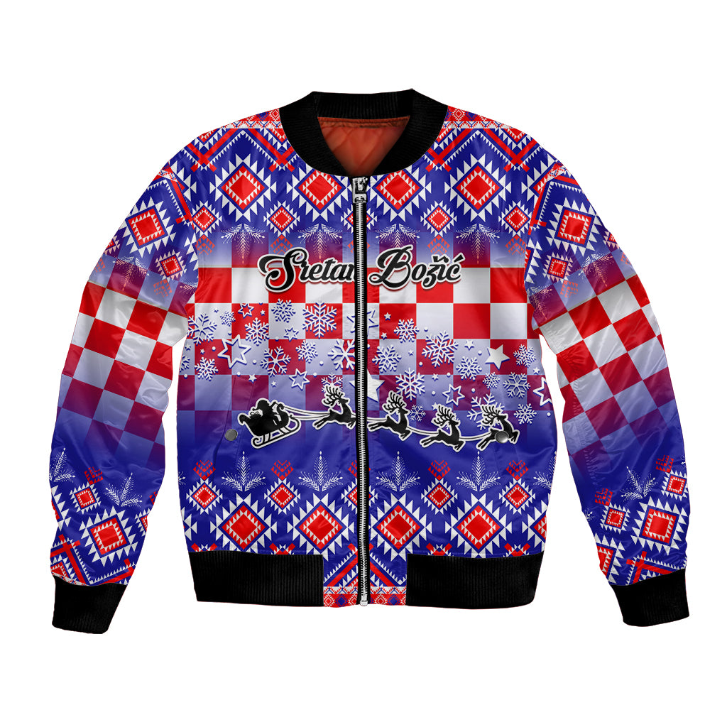 Unisex blue bomber jacket with zip front, ribbed cuffs, red-white plaid sleeves, holiday graphics