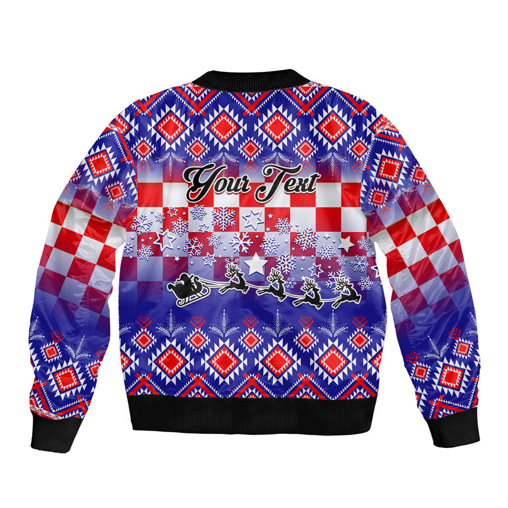 Unisex blue bomber jacket with ribbed collar and hem, festive holiday graphic on back