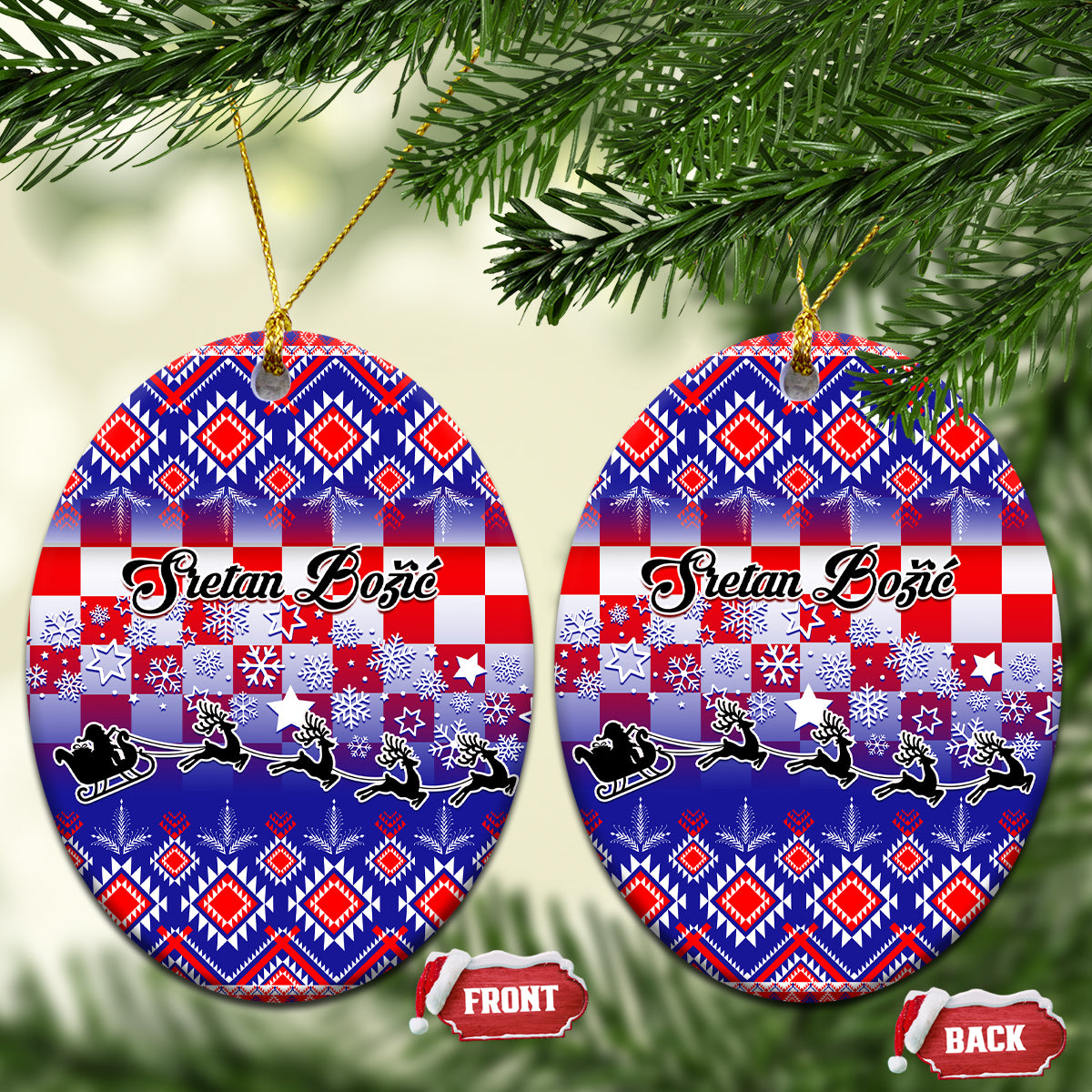 Two blue oval ceramic Christmas ornaments with Croatian embroidery pattern, gold loops.