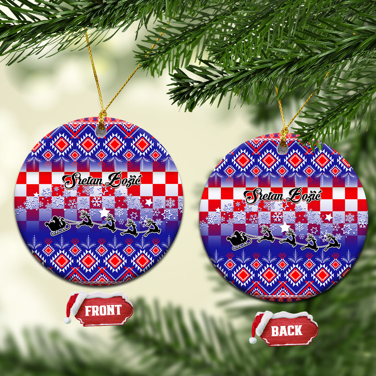 Blue circular ceramic Christmas ornament with Croatian embroidery pattern and gold loop.