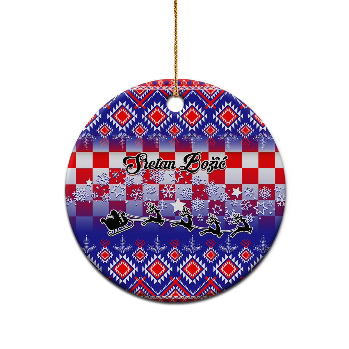 Blue circular ceramic Christmas ornament with Croatian embroidery pattern and gold string.