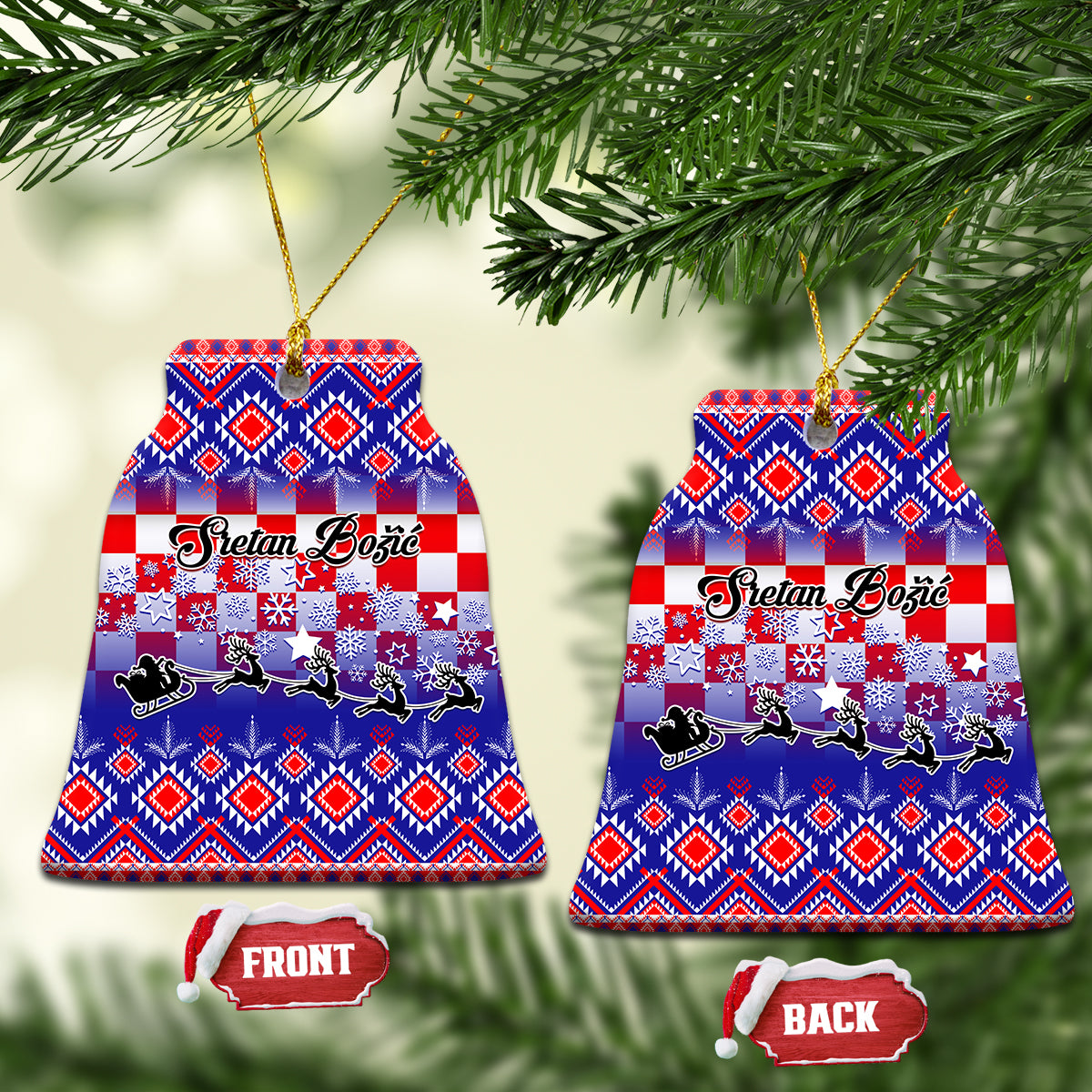Two blue ceramic Christmas ornaments: front showing, with Croatian embroidery pattern.