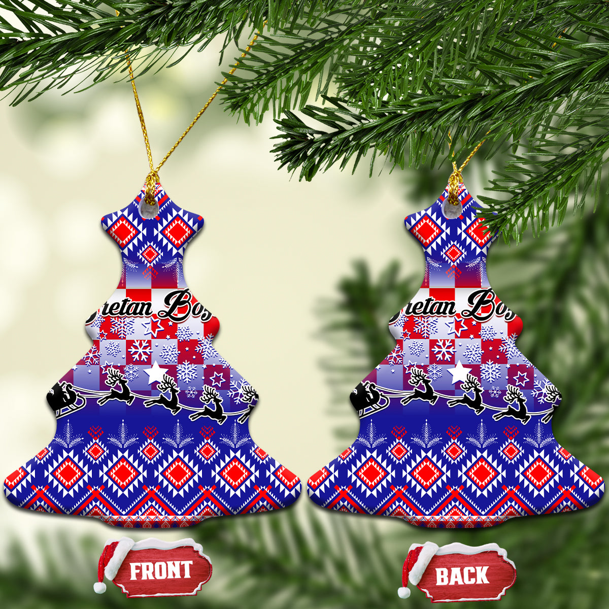 Two blue ceramic Christmas ornaments shaped like trees, Croatian embroidery pattern.
