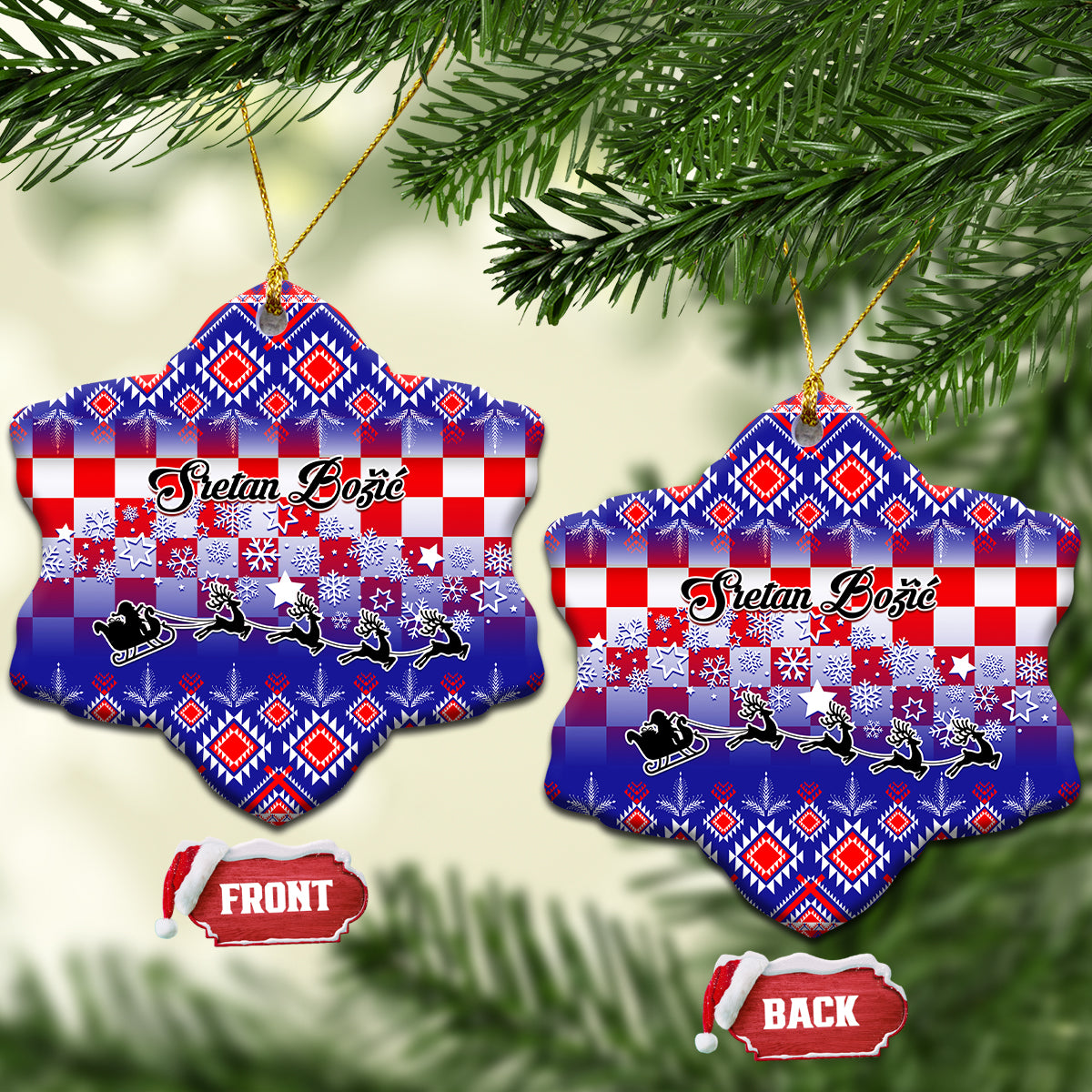 Two blue ceramic diamond star ornaments with Croatian embroidery pattern and gold loops.