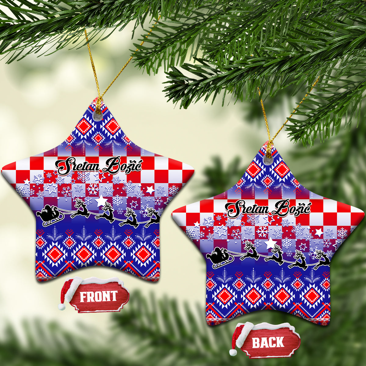 Two blue ceramic star ornaments with Croatian embroidery pattern and gold loops.