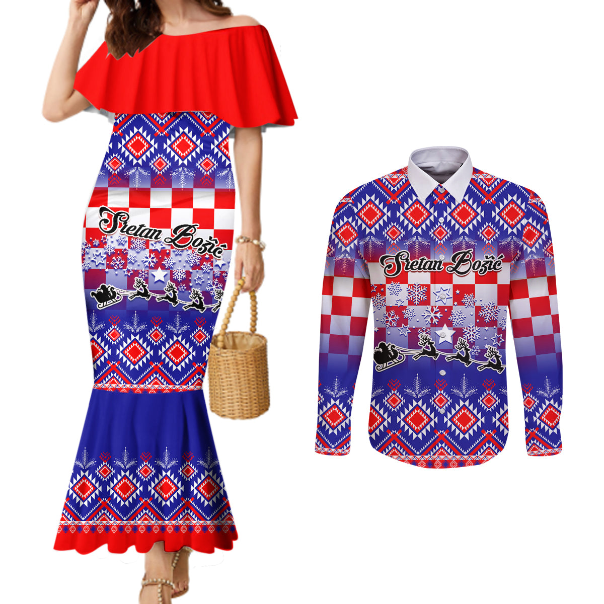 custom-croatia-christmas-couples-matching-mermaid-dress-and-long-sleeve-button-shirt-sretan-bozic-croatian-embroidery-patterns