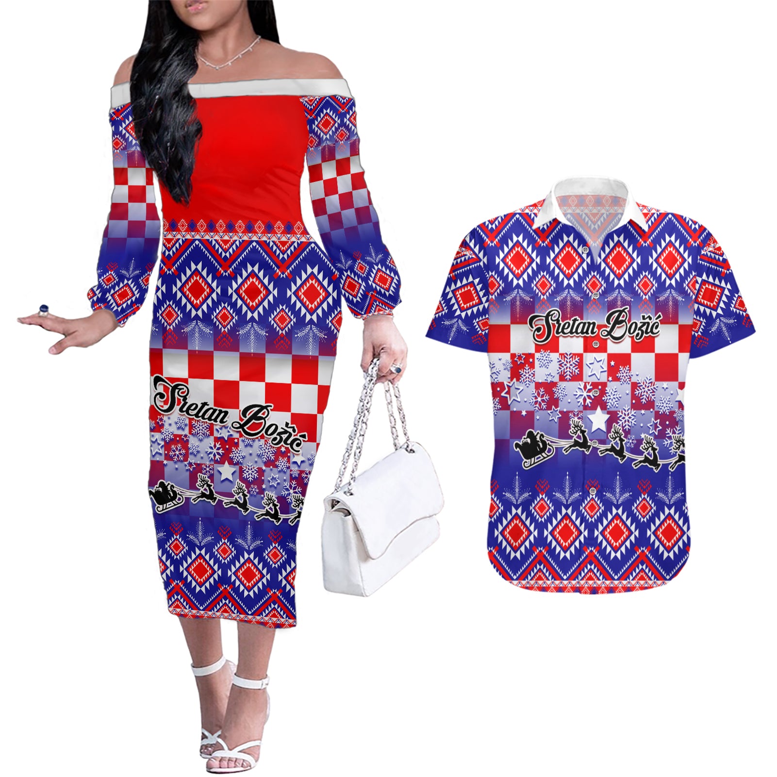 Custom Croatia Christmas Couples Matching Off The Shoulder Long Sleeve Dress and Hawaiian Shirt Sretan Bozic Croatian Embroidery Patterns - Wonder Print Shop