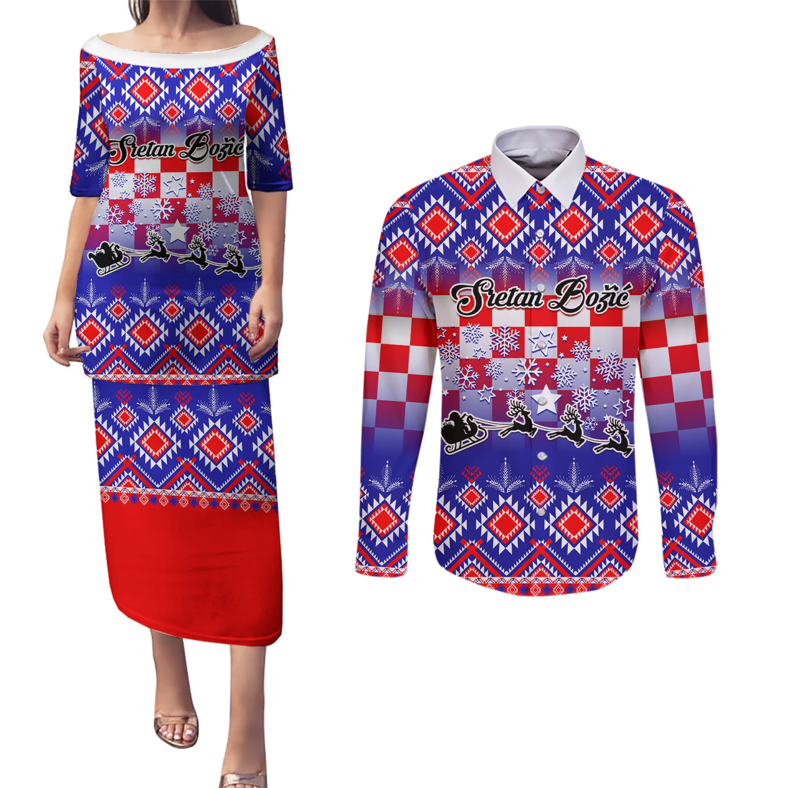 custom-croatia-christmas-couples-matching-puletasi-dress-and-long-sleeve-button-shirt-sretan-bozic-croatian-embroidery-patterns