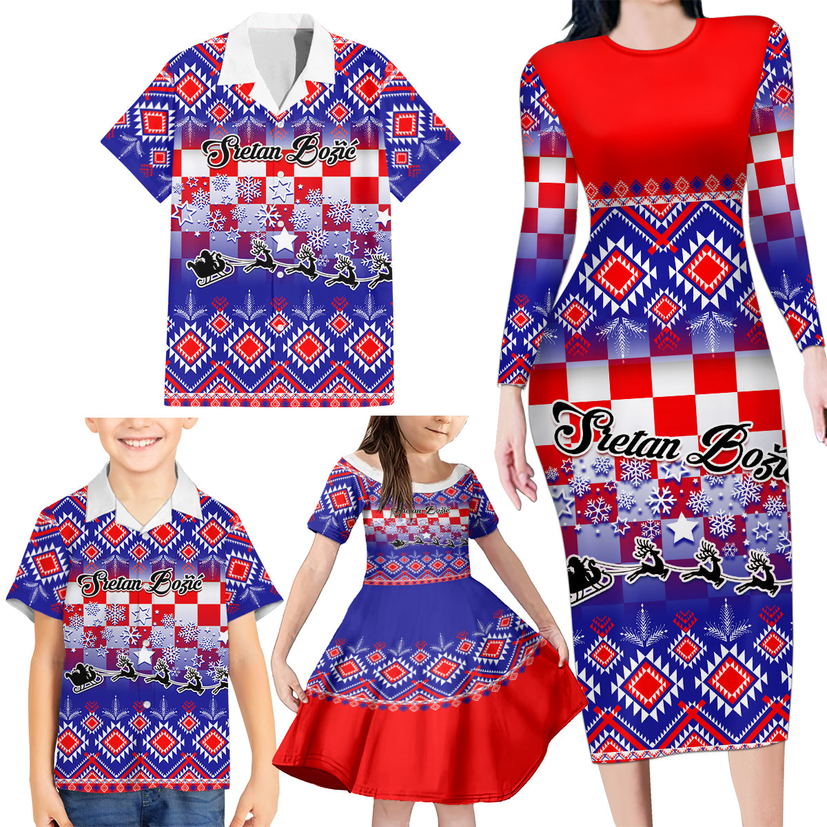 custom-croatia-christmas-family-matching-long-sleeve-bodycon-dress-and-hawaiian-shirt-sretan-bozic-croatian-embroidery-patterns