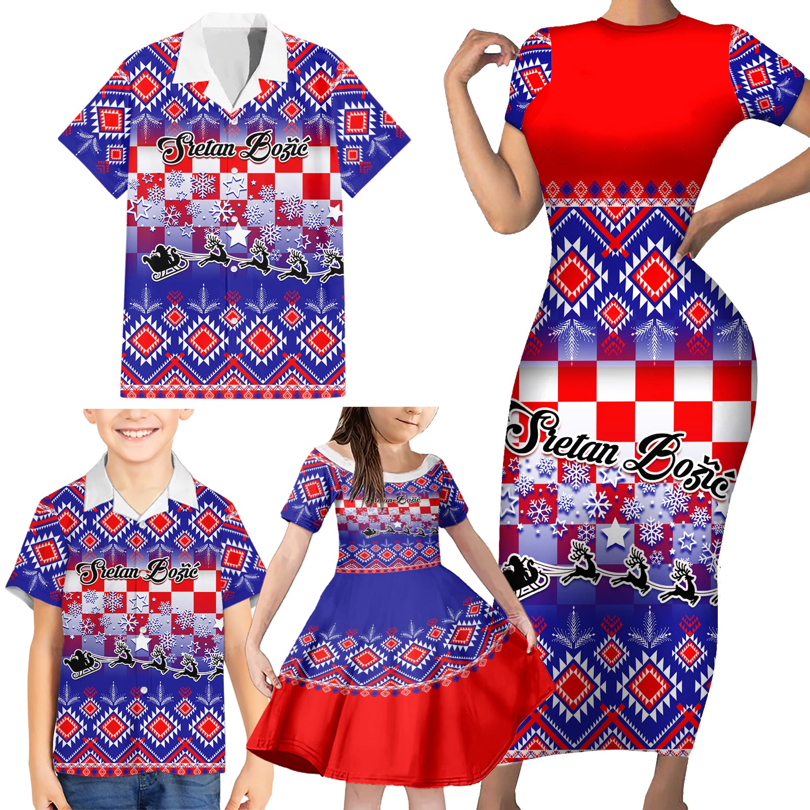 custom-croatia-christmas-family-matching-short-sleeve-bodycon-dress-and-hawaiian-shirt-sretan-bozic-croatian-embroidery-patterns