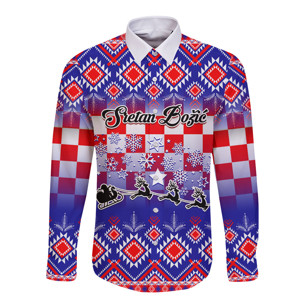 Blue long-sleeve button shirt with holiday graphic and Sretan Bozic front print