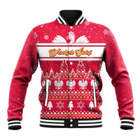 Red Christmas baseball jacket, striped collar, button front, eagle and tree graphic