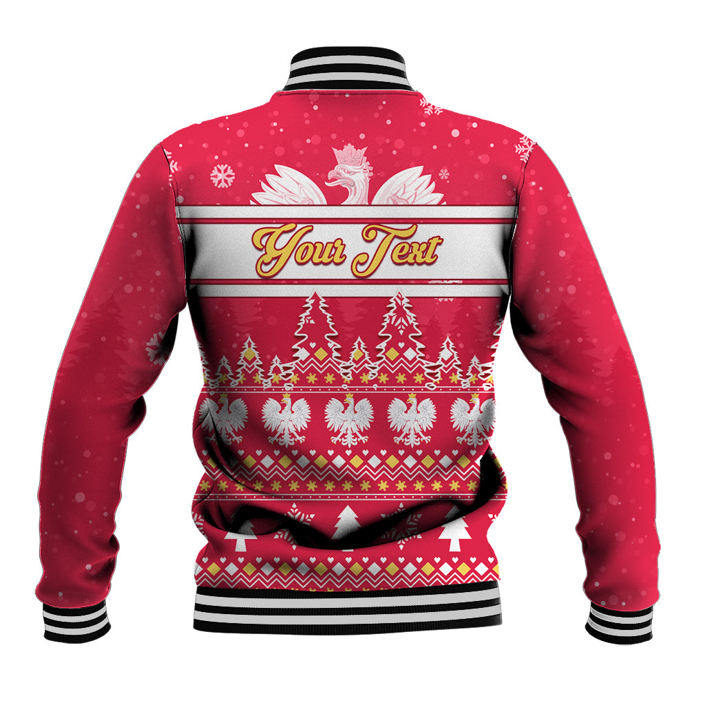 Red Christmas baseball jacket back, striped collar, button hem, tree and snowflake pattern