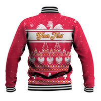 Red Christmas baseball jacket back, striped collar, button hem, tree and snowflake pattern