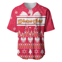Red holiday baseball jersey with white V-neck, eagle and festive trees graphic, custom text