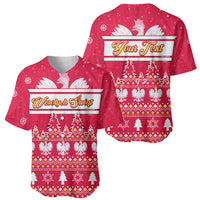 Set of two red holiday baseball jerseys with white V-neck, eagle and tree graphics, custom text