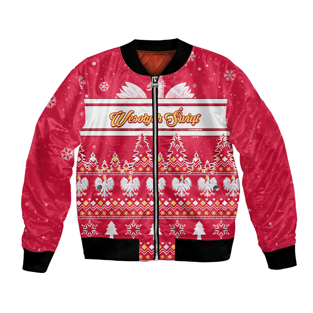 Red Christmas bomber jacket with zipper and white holiday print, ribbed cuffs