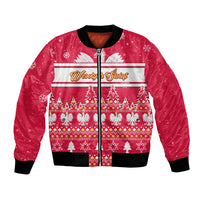 Red Christmas bomber jacket with zipper and white holiday print, ribbed cuffs