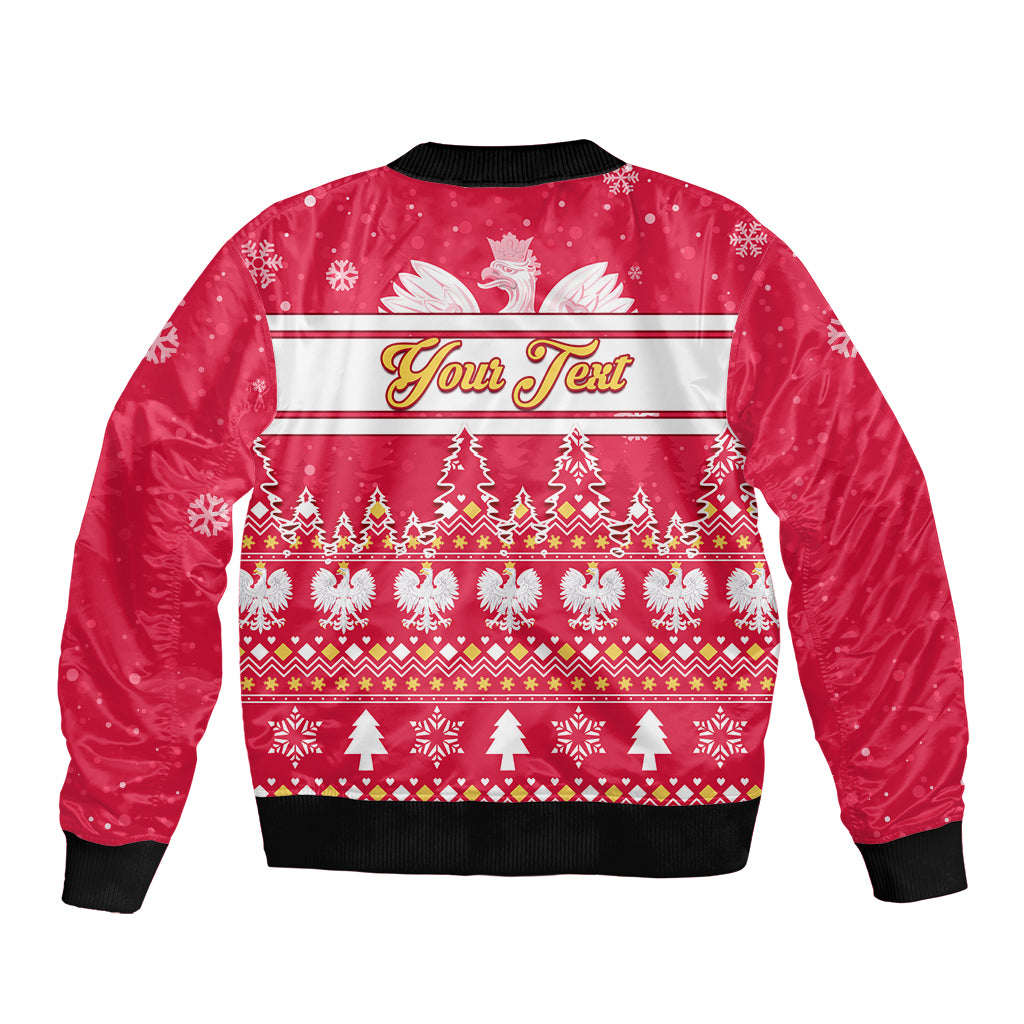 Red Christmas bomber jacket with back holiday print and Your Text stripe, ribbed hem