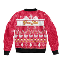 Red Christmas bomber jacket with back holiday print and Your Text stripe, ribbed hem