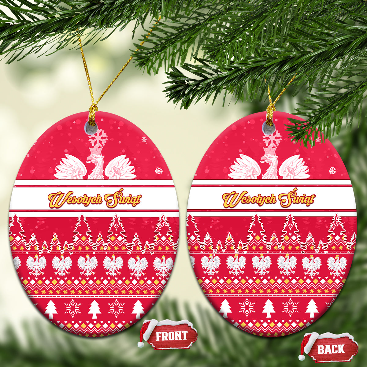 Red oval ceramic Christmas ornaments with white eagle and festive tree pattern, gold hanging loop