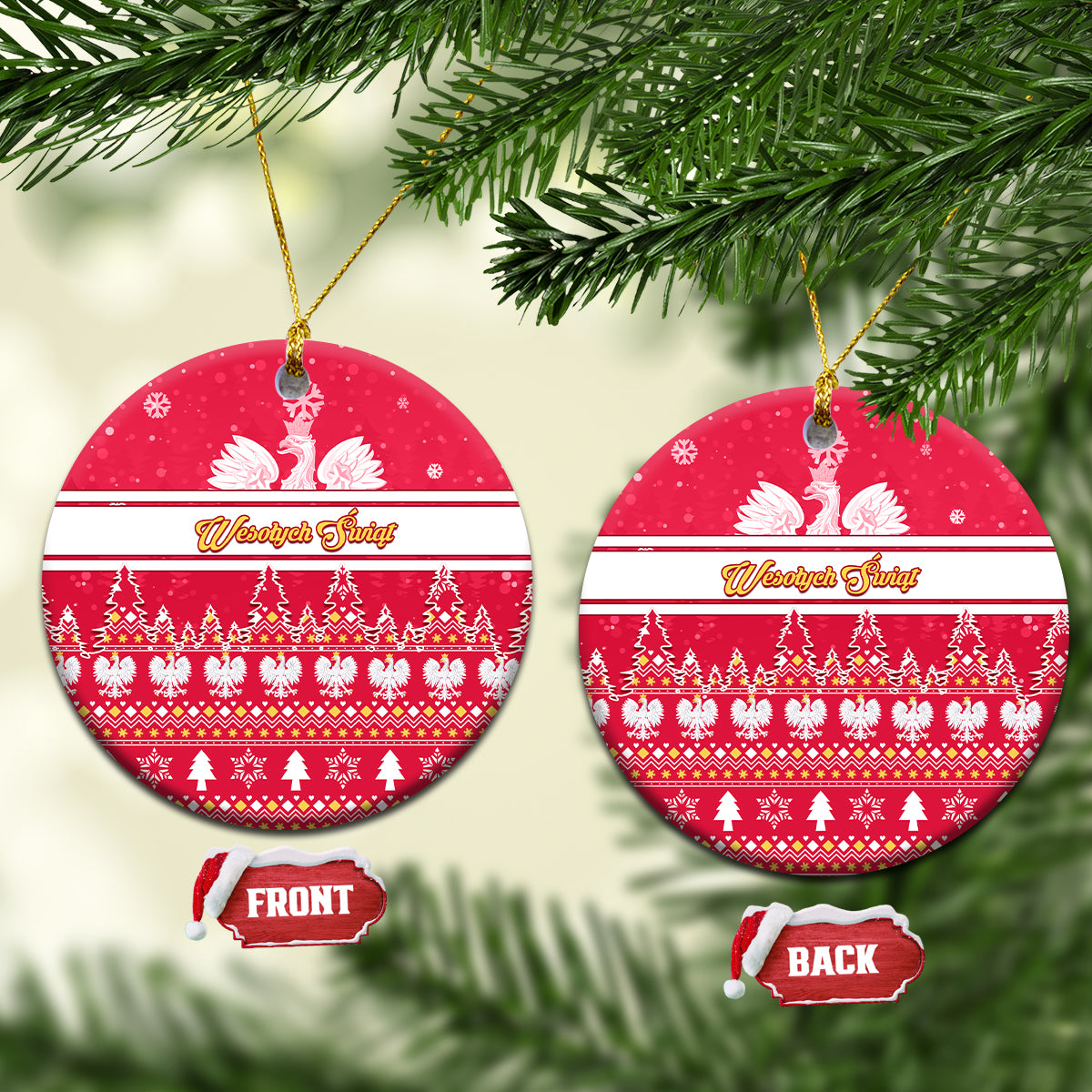 Red round ceramic Christmas ornament with white eagle graphic, striped pattern, gold hanging loop