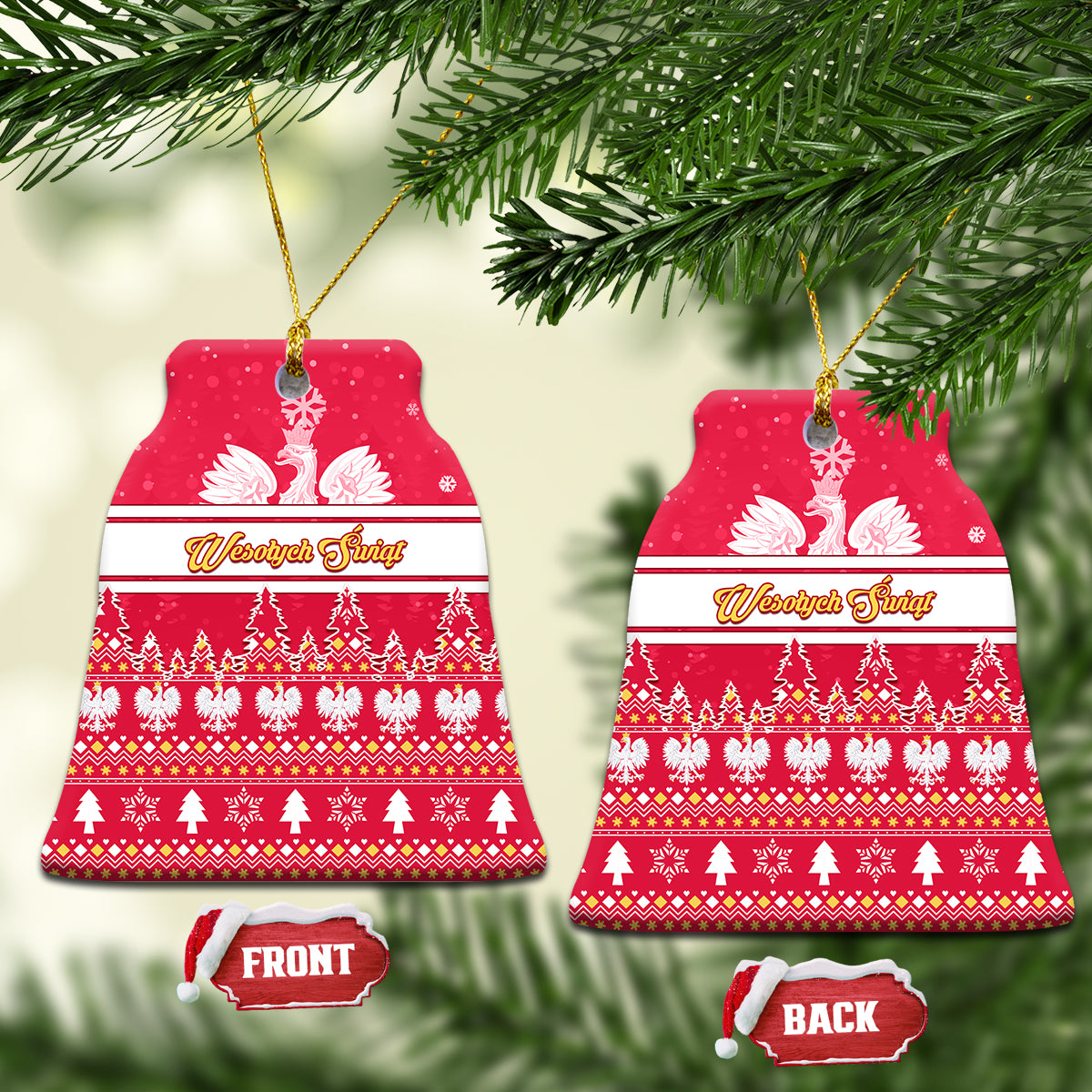 Red bell-shaped ceramic Christmas ornaments with white eagle and tree pattern, gold hanging loop