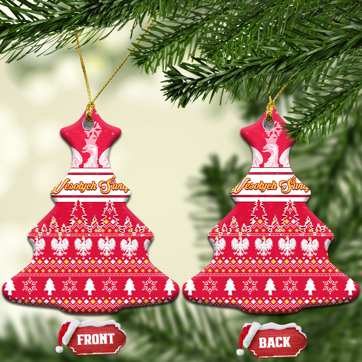 Red Christmas bell ceramic ornament set with white eagle and striped holiday pattern, gold loop