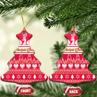 Red Christmas bell ceramic ornament set with white eagle and striped holiday pattern, gold loop