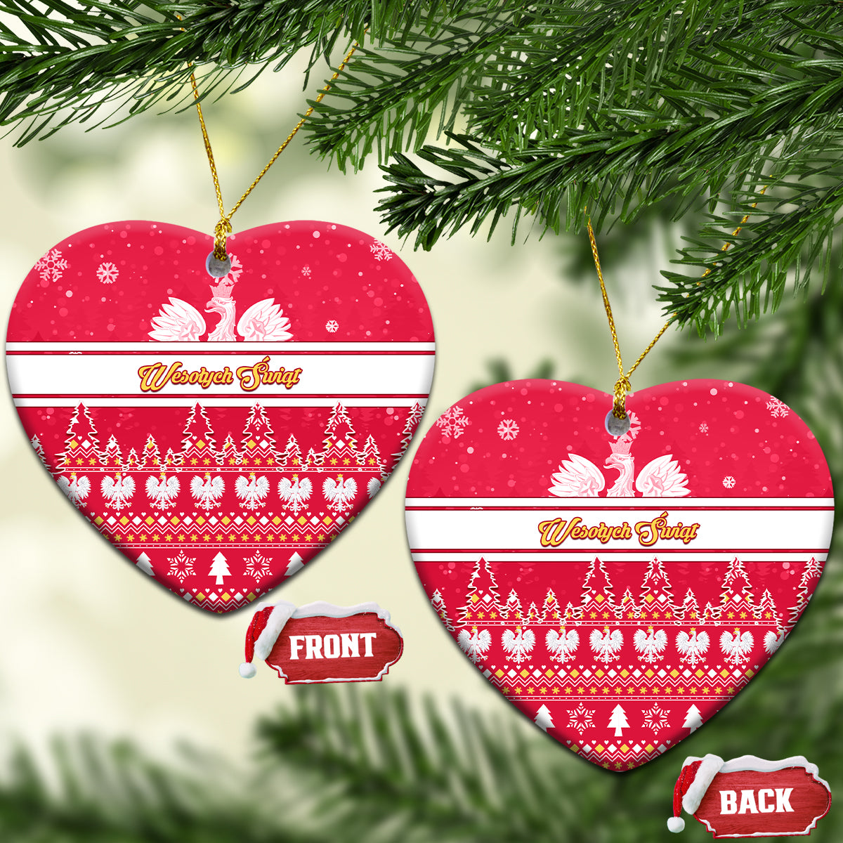 Red heart-shaped ceramic Christmas ornament with white eagle, striped band, gold hanging loop