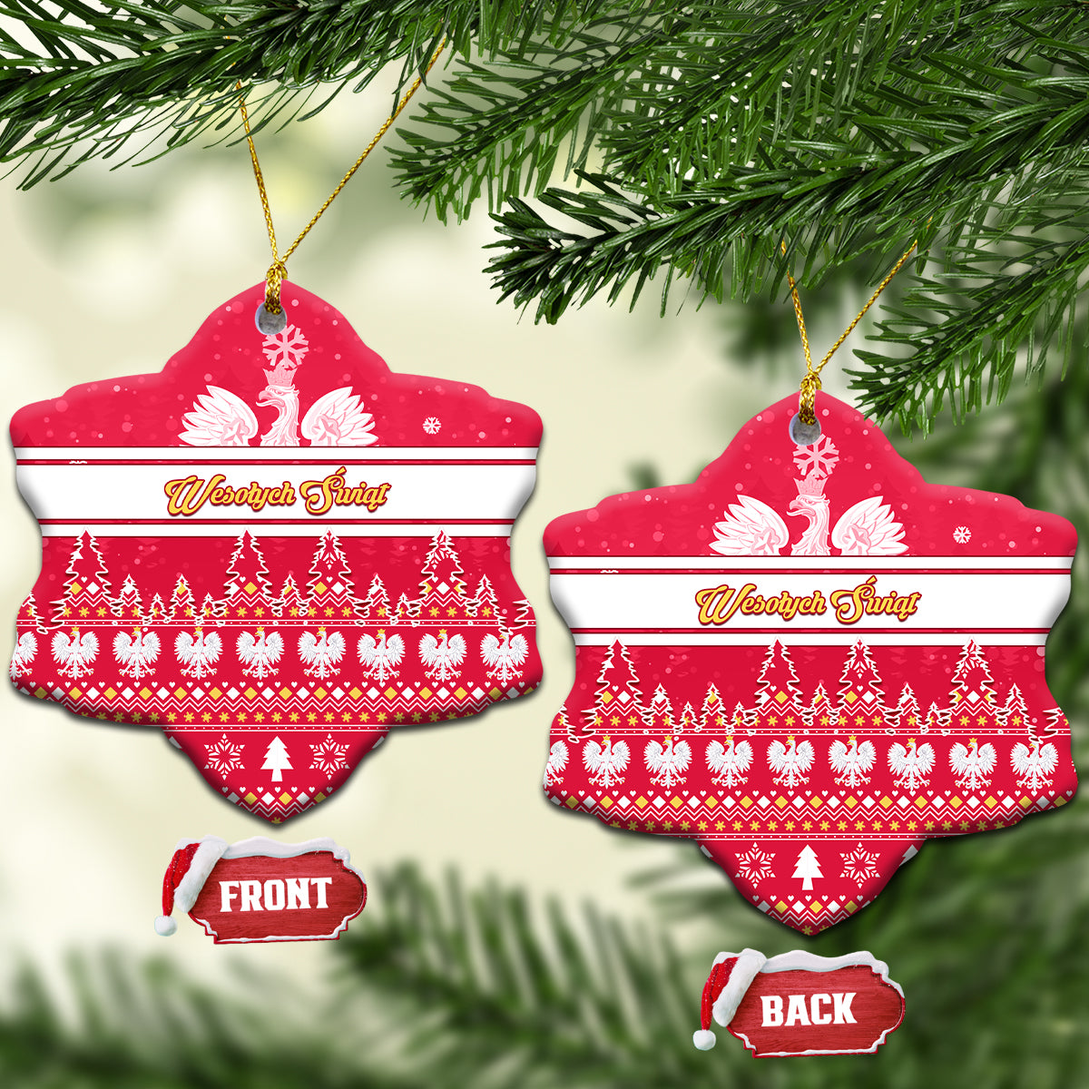 Red diamond-style ceramic Christmas ornament with white eagle, striped holiday pattern, gold hanging loop