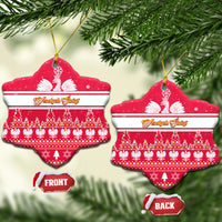 Red diamond-style ceramic Christmas ornament with white eagle, striped holiday pattern, gold hanging loop