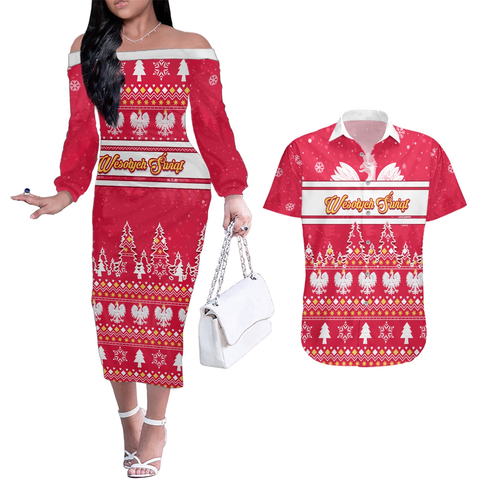 Custom Poland Christmas Couples Matching Off The Shoulder Long Sleeve Dress and Hawaiian Shirt Wesolych Swiat Polish Eagle - Wonder Print Shop