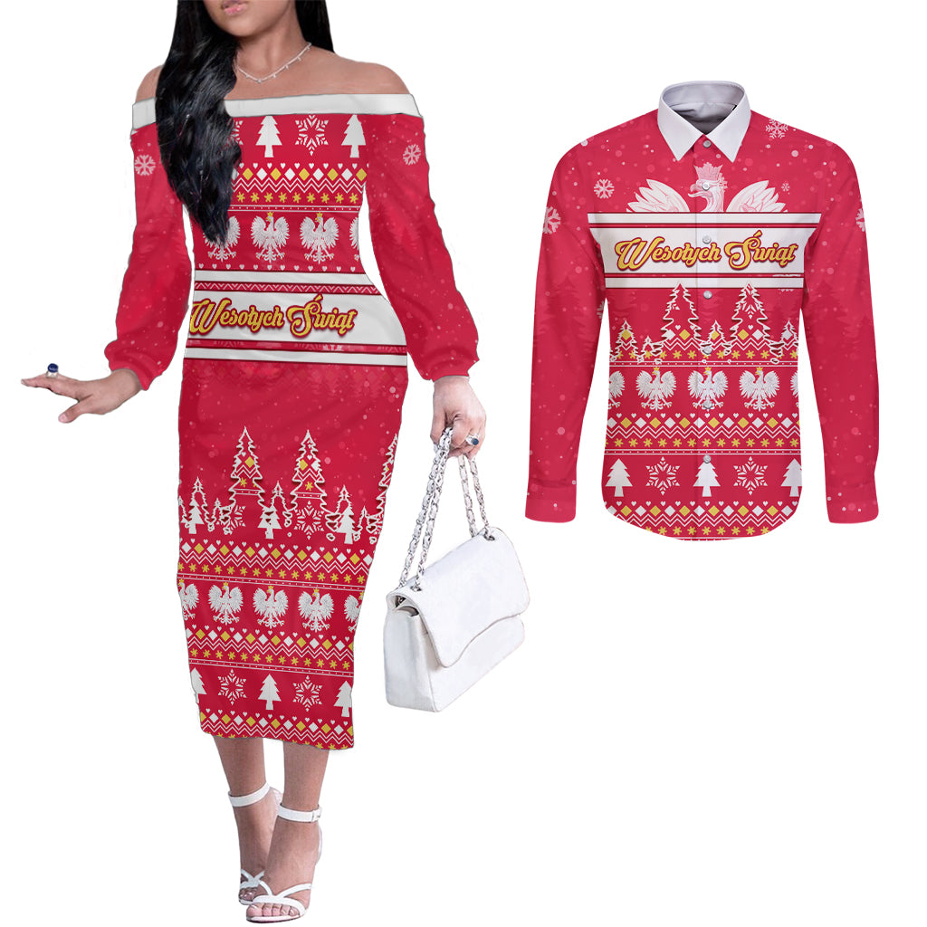 custom-poland-christmas-couples-matching-off-the-shoulder-long-sleeve-dress-and-long-sleeve-button-shirt-wesolych-swiat-polish-eagle