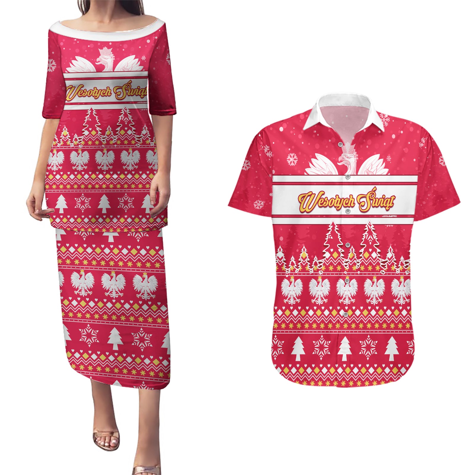 Custom Poland Christmas Couples Matching Puletasi Dress and Hawaiian Shirt Wesolych Swiat Polish Eagle - Wonder Print Shop