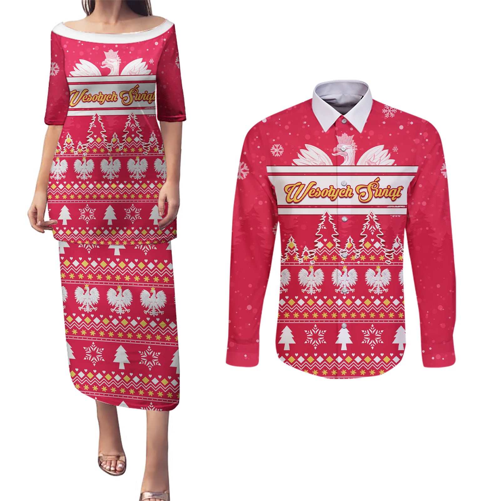 Custom Poland Christmas Couples Matching Puletasi Dress and Long Sleeve Button Shirt Wesolych Swiat Polish Eagle - Wonder Print Shop