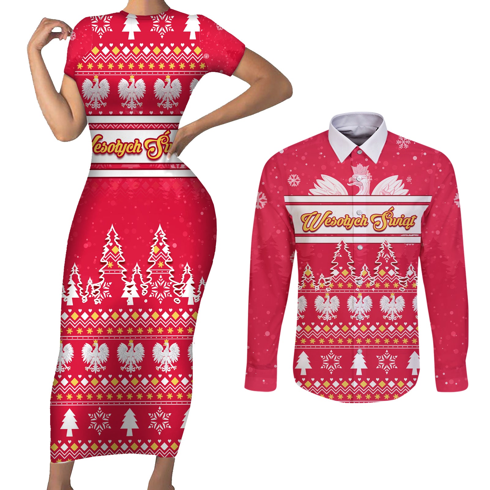 Custom Poland Christmas Couples Matching Short Sleeve Bodycon Dress and Long Sleeve Button Shirt Wesolych Swiat Polish Eagle - Wonder Print Shop