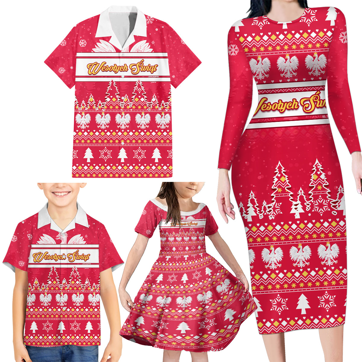 Custom Poland Christmas Family Matching Long Sleeve Bodycon Dress and Hawaiian Shirt Wesolych Swiat Polish Eagle - Wonder Print Shop