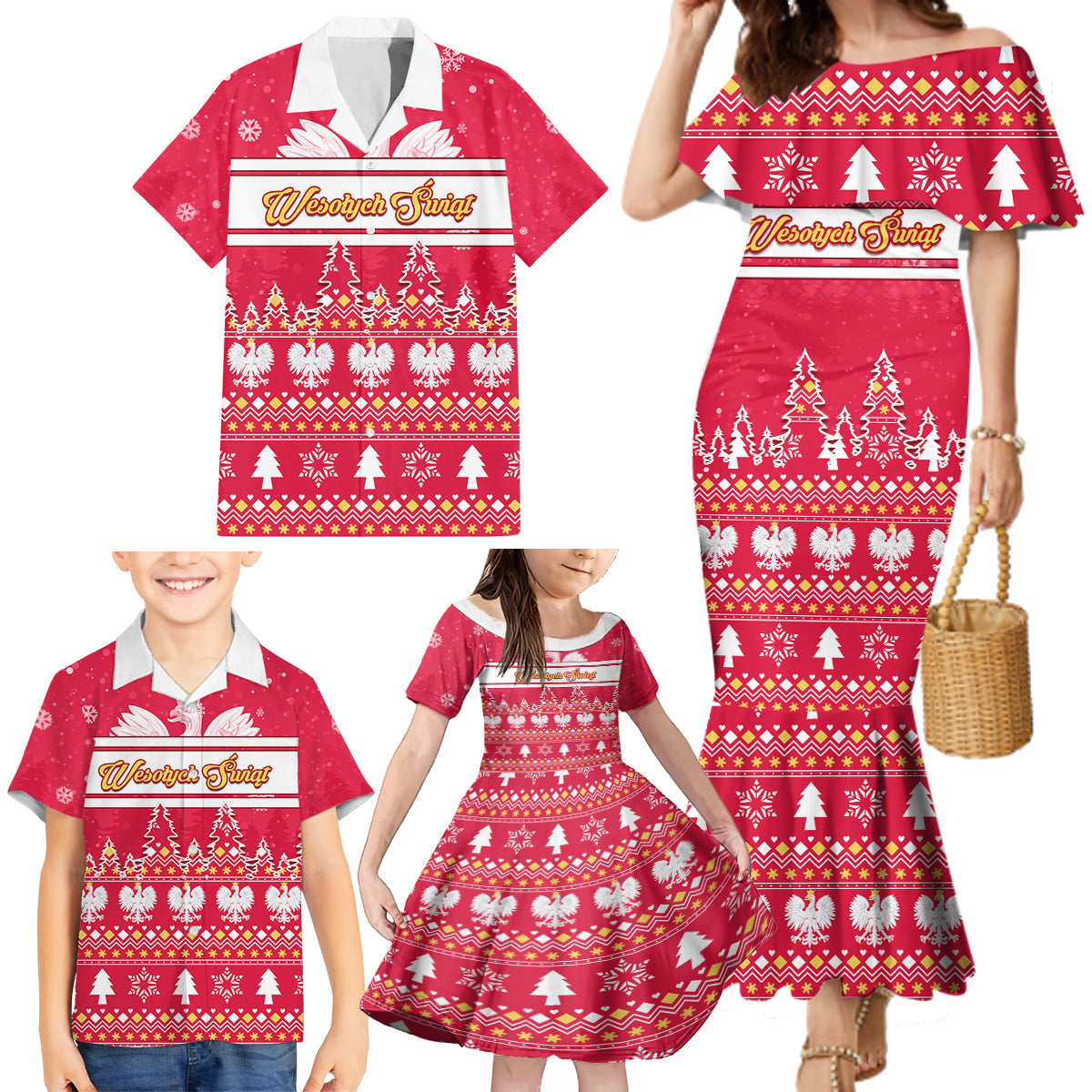 Custom Poland Christmas Family Matching Mermaid Dress and Hawaiian Shirt Wesolych Swiat Polish Eagle - Wonder Print Shop