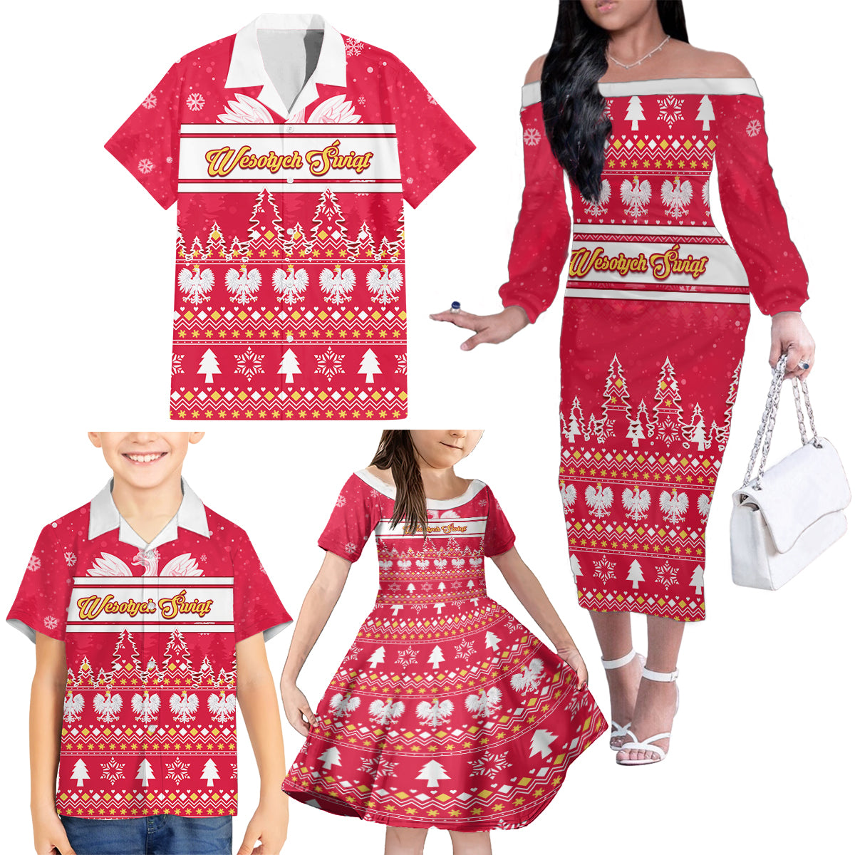 Custom Poland Christmas Family Matching Off Shoulder Long Sleeve Dress and Hawaiian Shirt Wesolych Swiat Polish Eagle - Wonder Print Shop