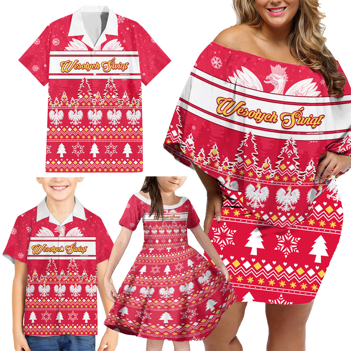 Custom Poland Christmas Family Matching Off Shoulder Short Dress and Hawaiian Shirt Wesolych Swiat Polish Eagle - Wonder Print Shop