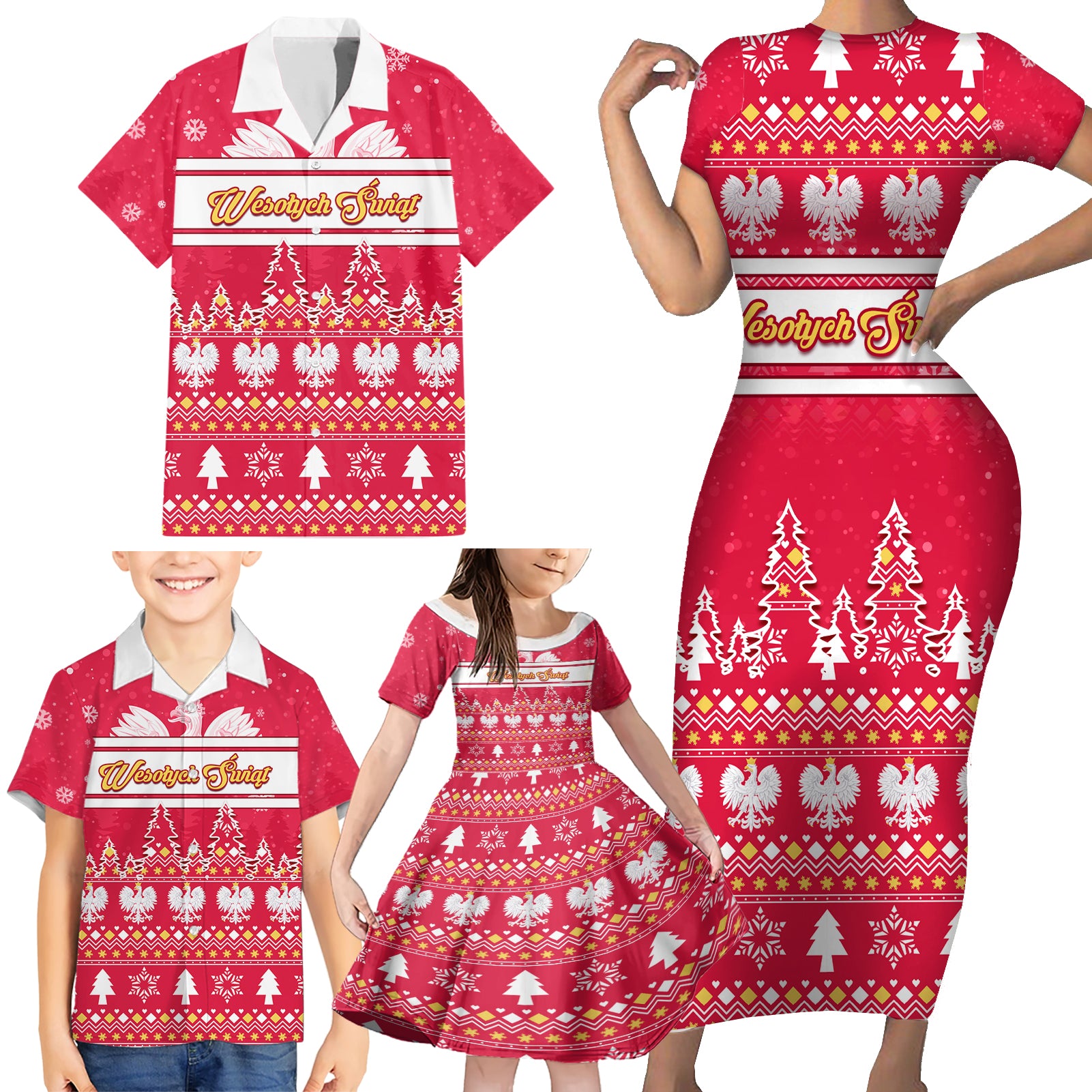 Custom Poland Christmas Family Matching Short Sleeve Bodycon Dress and Hawaiian Shirt Wesolych Swiat Polish Eagle - Wonder Print Shop