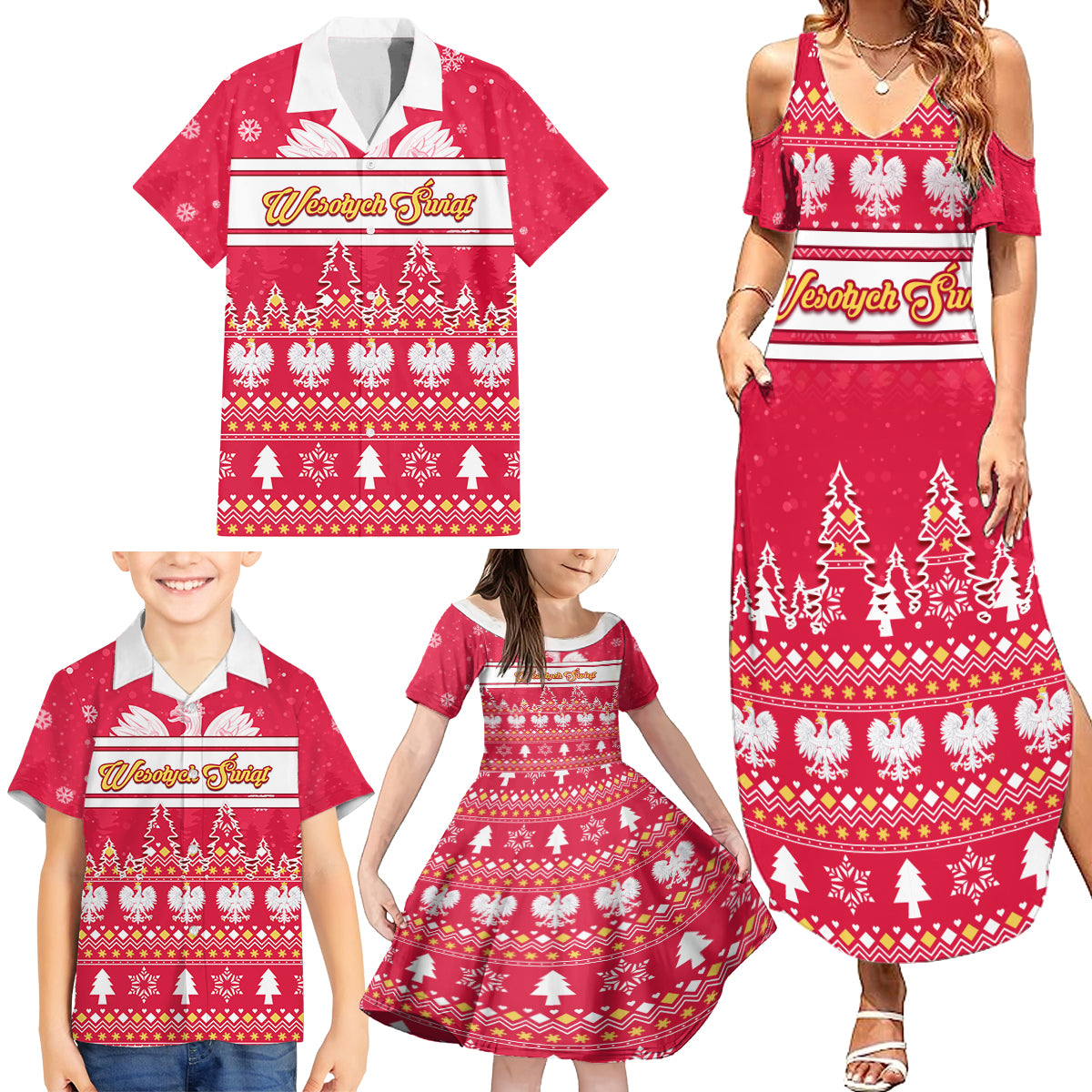 Custom Poland Christmas Family Matching Summer Maxi Dress and Hawaiian Shirt Wesolych Swiat Polish Eagle - Wonder Print Shop