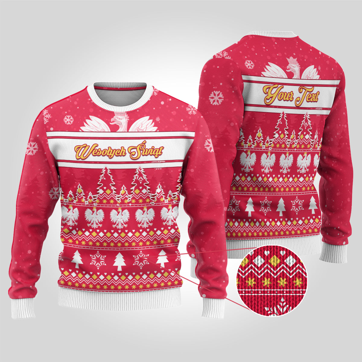 Red ugly Christmas sweater, front pine tree and snowflake graphic with striped banner