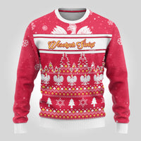 Red ugly Christmas sweater, front pine tree and snowflake pattern with multicolor border