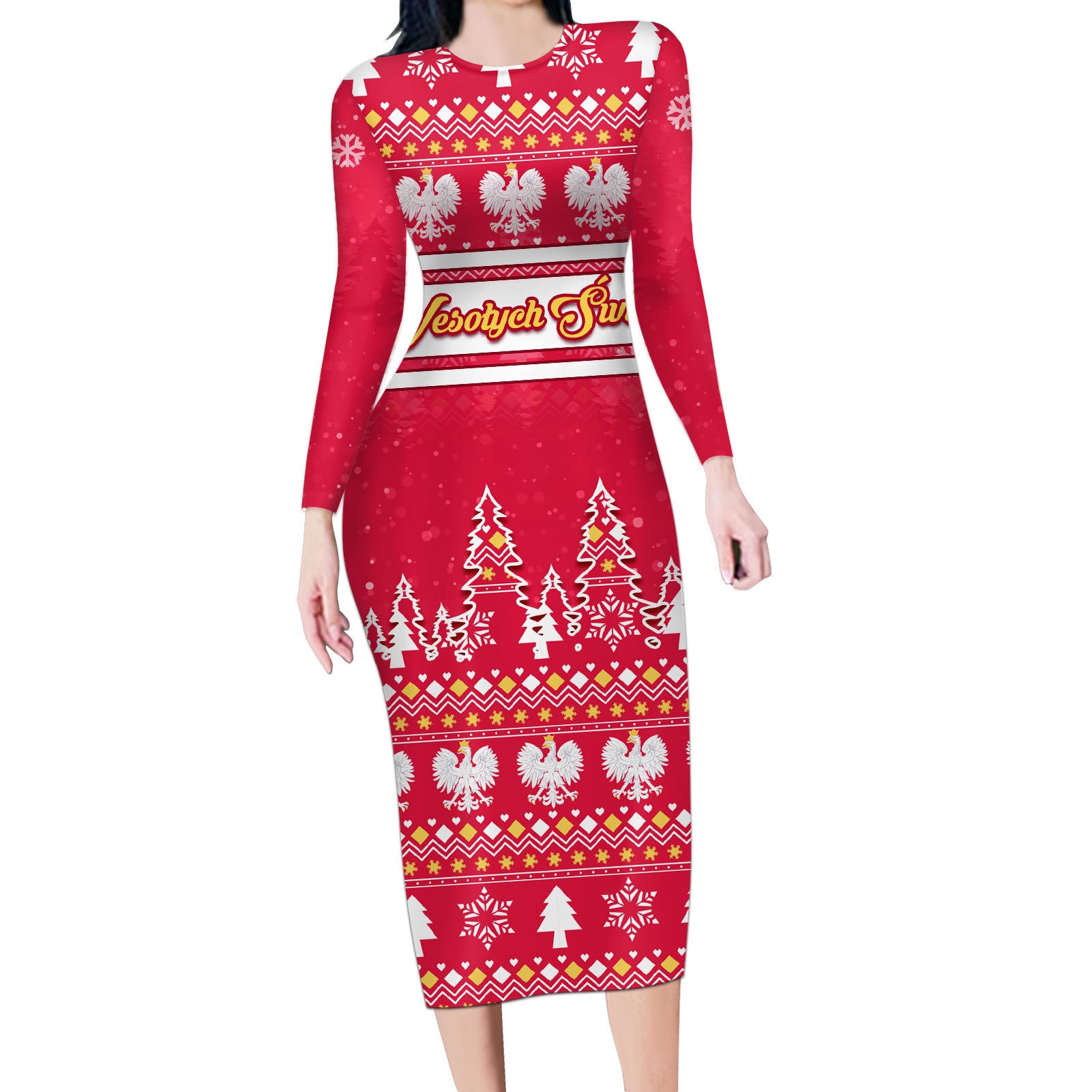 Custom Poland Christmas Long Sleeve Bodycon Dress Wesolych Swiat Polish Eagle - Wonder Print Shop