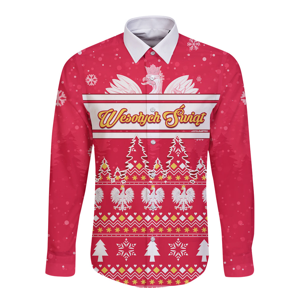 Red long sleeve button shirt with front festive eagle and holiday stripe print